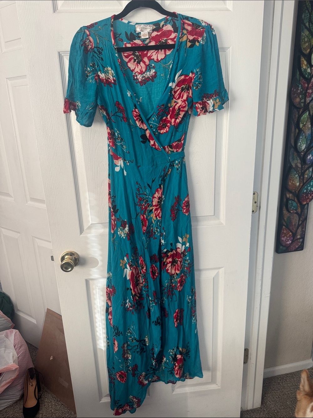 Band of Gypsies Teal Floral Wrap Maxi Dress with Red and Cream Blooms